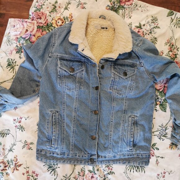 Topshop Moto Trucker Denim Jacket Sherpa Lined Size 6 Women’s Light Blue Coat - Picture 4 of 9
